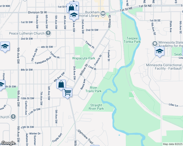 map of restaurants, bars, coffee shops, grocery stores, and more near 725 Francis Street in Faribault