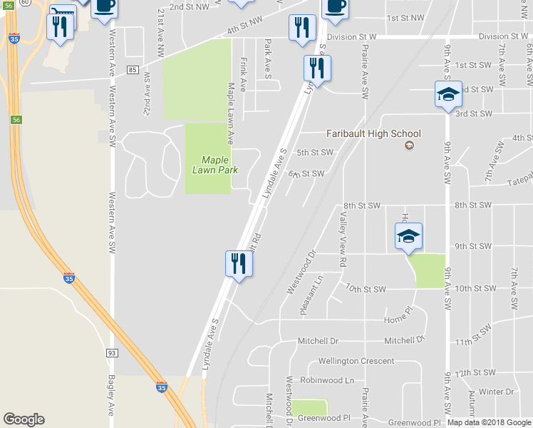 map of restaurants, bars, coffee shops, grocery stores, and more near 800 Faribault Road in Faribault