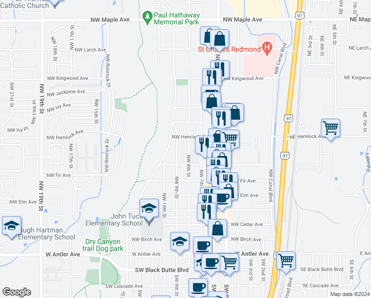 map of restaurants, bars, coffee shops, grocery stores, and more near 767 Northwest 8th Street in Redmond