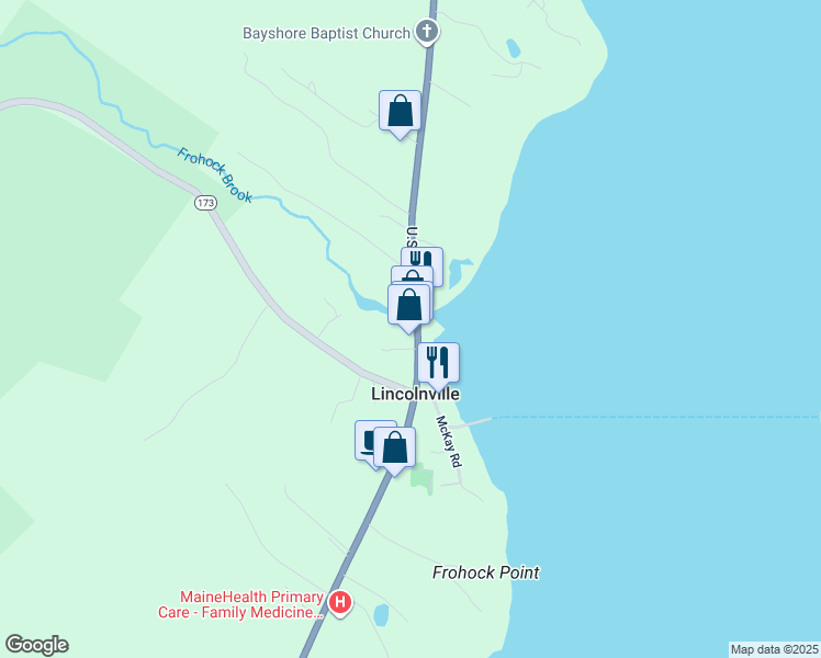 map of restaurants, bars, coffee shops, grocery stores, and more near 2520 Atlantic Highway in Lincolnville