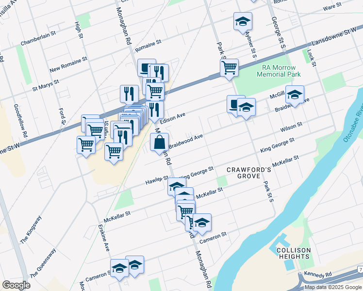 map of restaurants, bars, coffee shops, grocery stores, and more near 571 Braidwood Avenue in Peterborough
