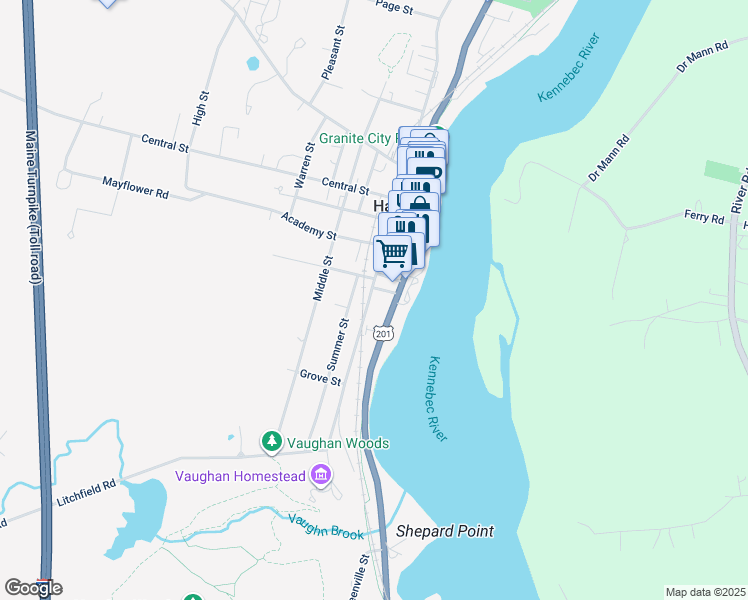 map of restaurants, bars, coffee shops, grocery stores, and more near 176 2nd Street in Hallowell