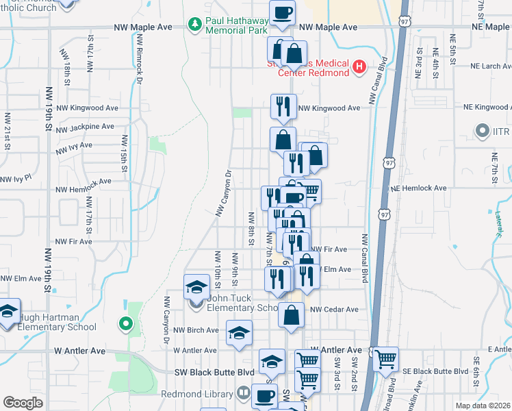 map of restaurants, bars, coffee shops, grocery stores, and more near 772 Northwest 8th Street in Redmond