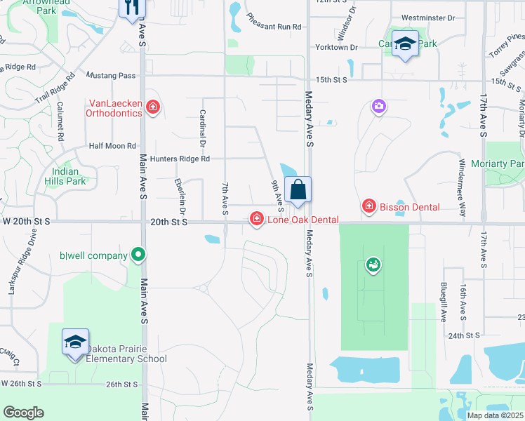 map of restaurants, bars, coffee shops, grocery stores, and more near 802 19th Street South in Brookings