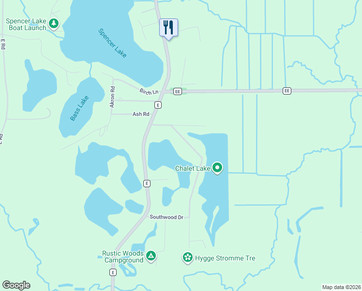 map of restaurants, bars, coffee shops, grocery stores, and more near N1205 Chalet Drive in Waupaca