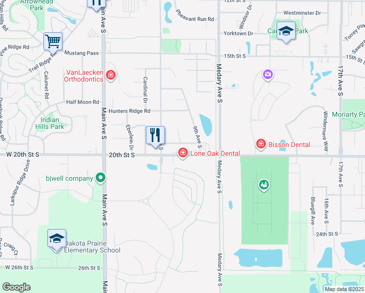 map of restaurants, bars, coffee shops, grocery stores, and more near 802 19th Street South in Brookings