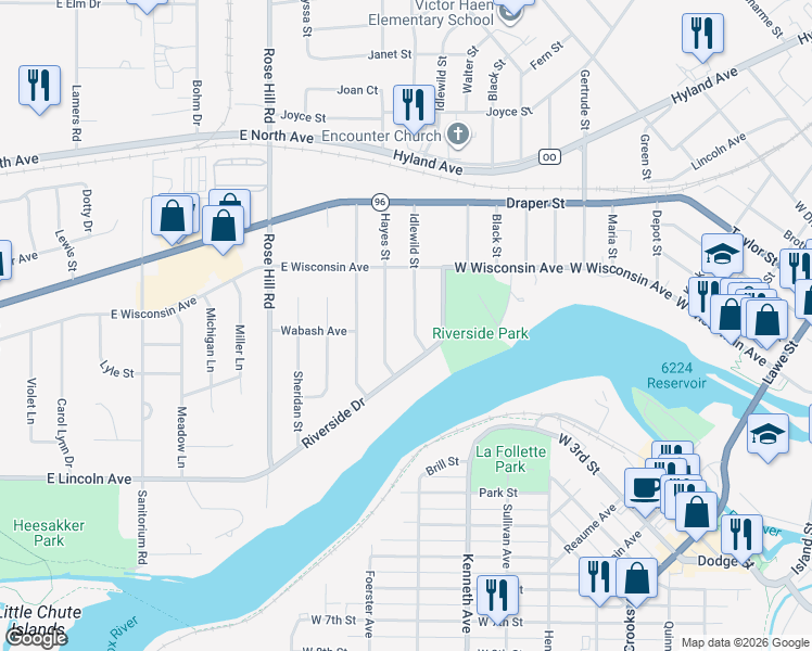 map of restaurants, bars, coffee shops, grocery stores, and more near 111 Idlewild Street in Kaukauna