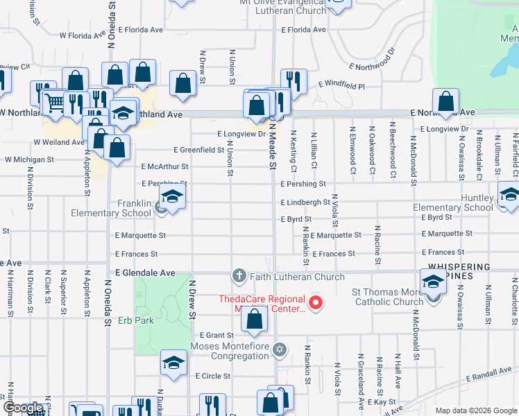 map of restaurants, bars, coffee shops, grocery stores, and more near 713 East Lindbergh Street in Appleton