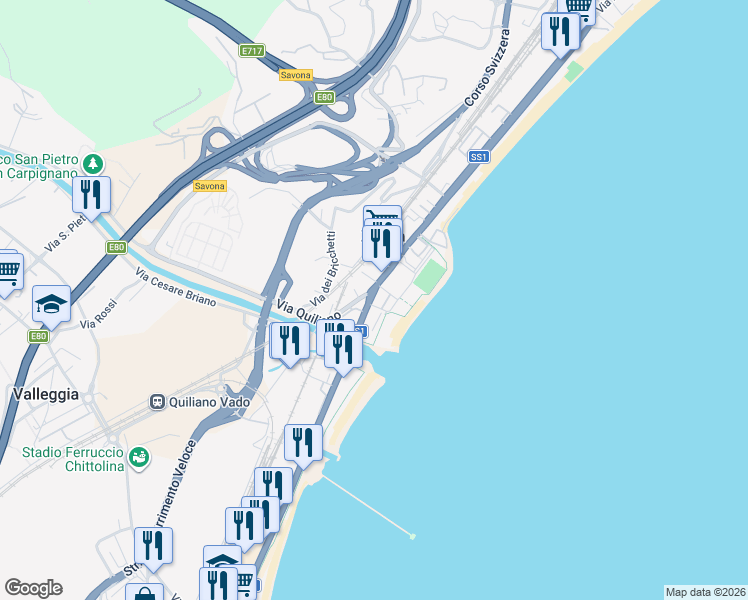 map of restaurants, bars, coffee shops, grocery stores, and more near 129 Strada Statale 1 Aurelia in Savona