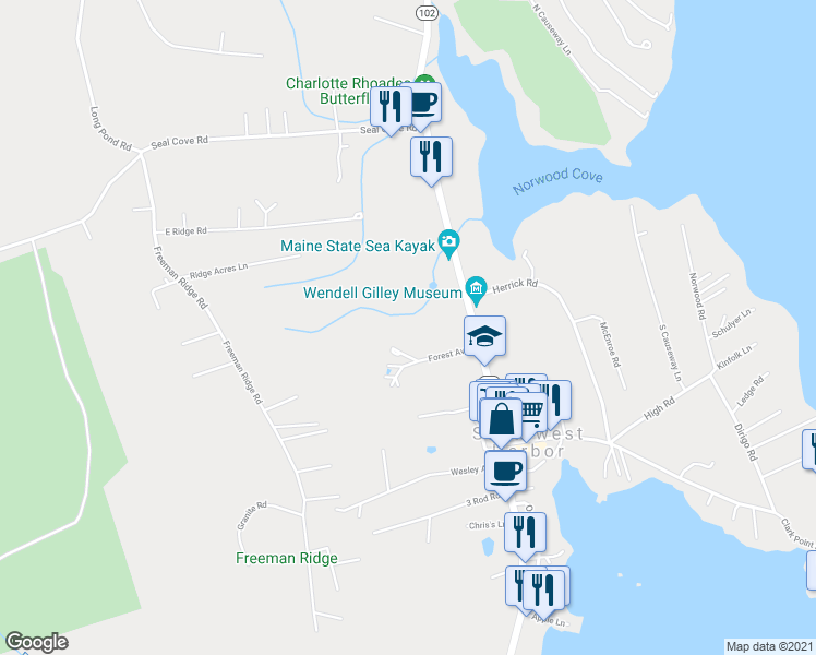 map of restaurants, bars, coffee shops, grocery stores, and more near 30 Forest Avenue in Southwest Harbor