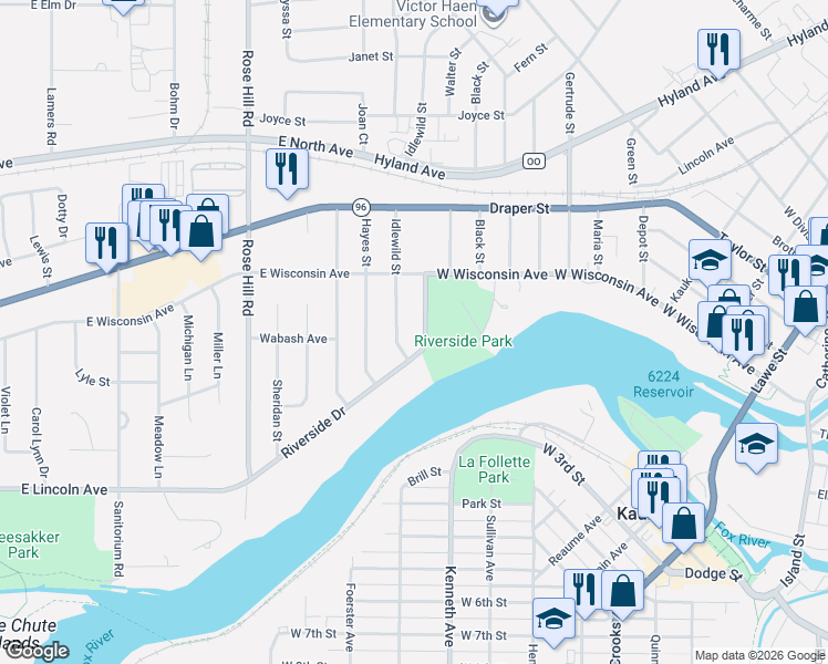 map of restaurants, bars, coffee shops, grocery stores, and more near 1024 Riverside Drive in Kaukauna