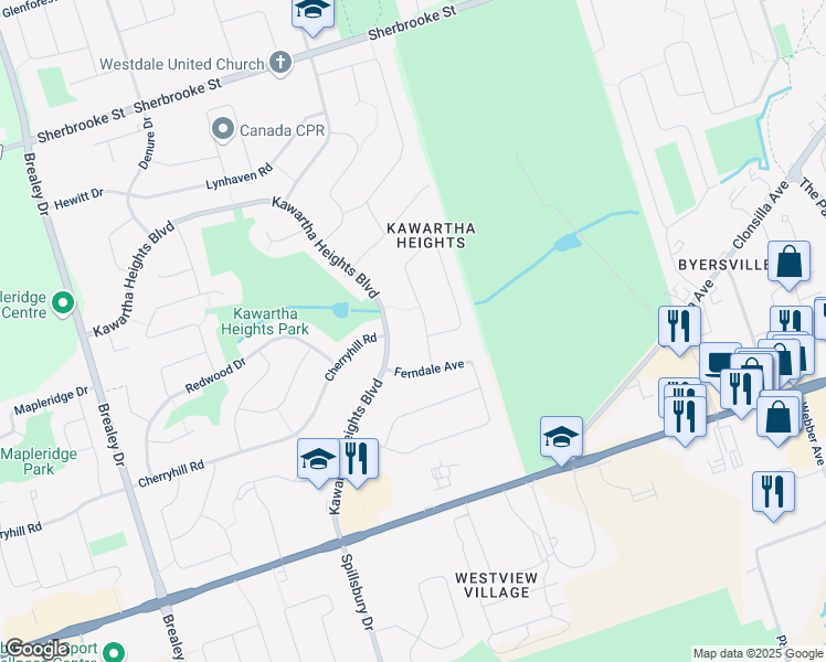 map of restaurants, bars, coffee shops, grocery stores, and more near 1 Larchwood Avenue in Peterborough