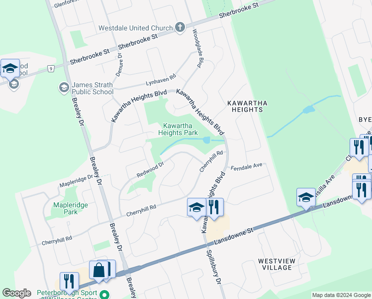 map of restaurants, bars, coffee shops, grocery stores, and more near 1570 Redwood Drive in Peterborough