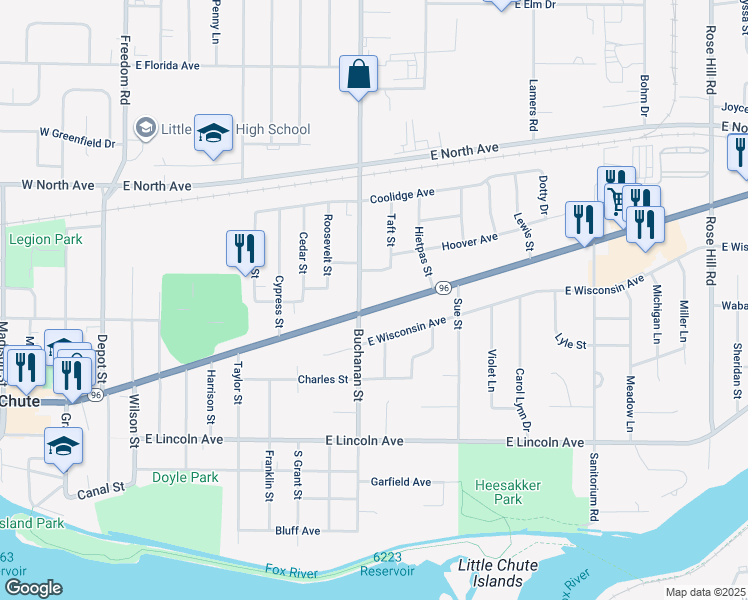 map of restaurants, bars, coffee shops, grocery stores, and more near 1122 East Main Street in Little Chute
