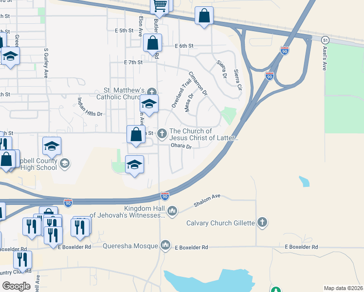 map of restaurants, bars, coffee shops, grocery stores, and more near 1302 Ohenry Drive in Gillette