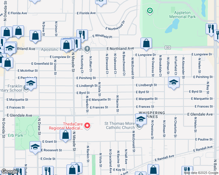 map of restaurants, bars, coffee shops, grocery stores, and more near 1011 East Lindbergh Street in Appleton