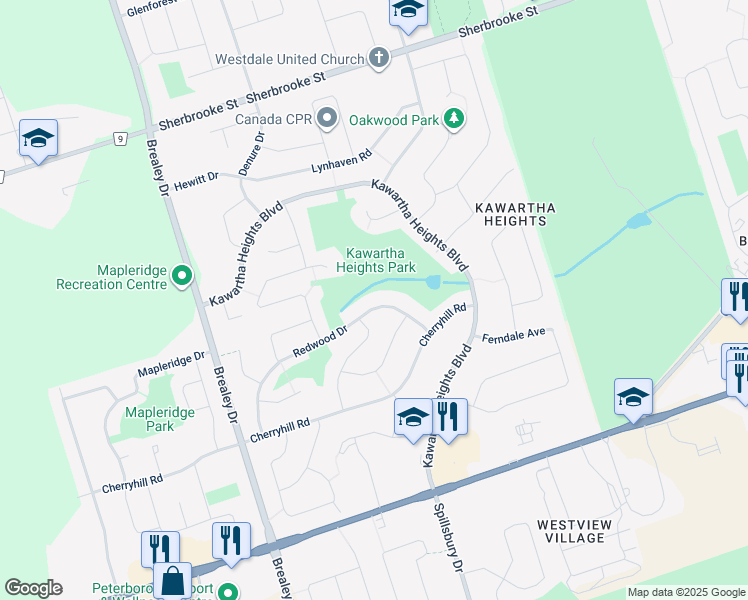 map of restaurants, bars, coffee shops, grocery stores, and more near 1570 Redwood Drive in Peterborough