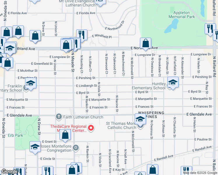 map of restaurants, bars, coffee shops, grocery stores, and more near 1011 East Lindbergh Street in Appleton