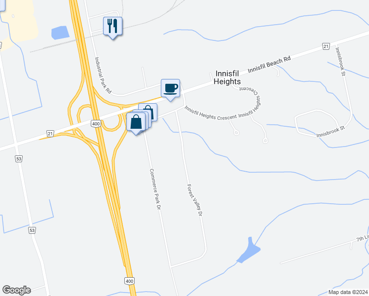 map of restaurants, bars, coffee shops, grocery stores, and more near 2025 Forest Valley Drive in Innisfil
