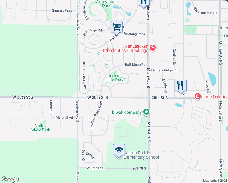 map of restaurants, bars, coffee shops, grocery stores, and more near 101-299 Council Ridge Road in Brookings