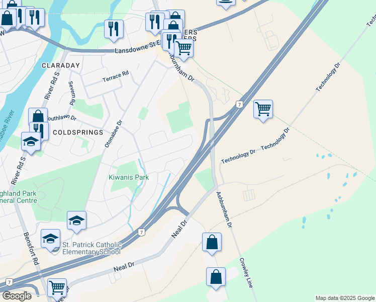 map of restaurants, bars, coffee shops, grocery stores, and more near 704 Trailview Drive in Peterborough