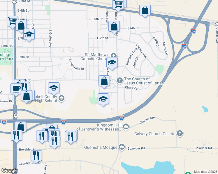 map of restaurants, bars, coffee shops, grocery stores, and more near 1401 Apple Blossom Way in Gillette