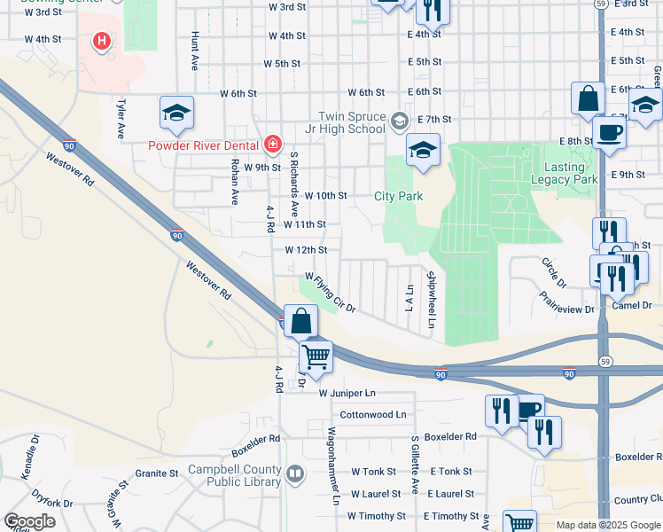 map of restaurants, bars, coffee shops, grocery stores, and more near 1208 Wagonhammer Lane in Gillette