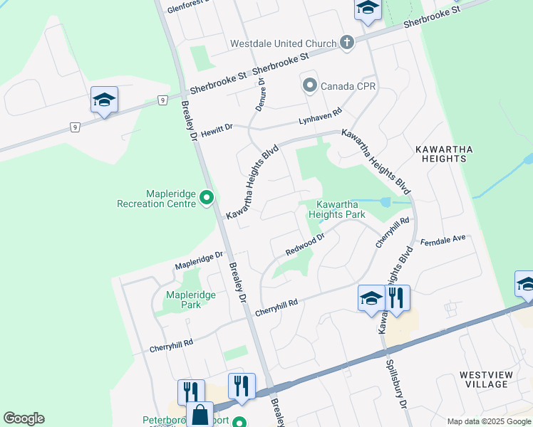 map of restaurants, bars, coffee shops, grocery stores, and more near 2141 Springwood Road in Peterborough