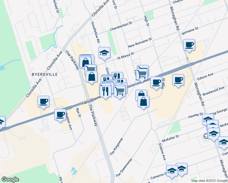 map of restaurants, bars, coffee shops, grocery stores, and more near Lansdowne St & Goodfellow Rd in Peterborough