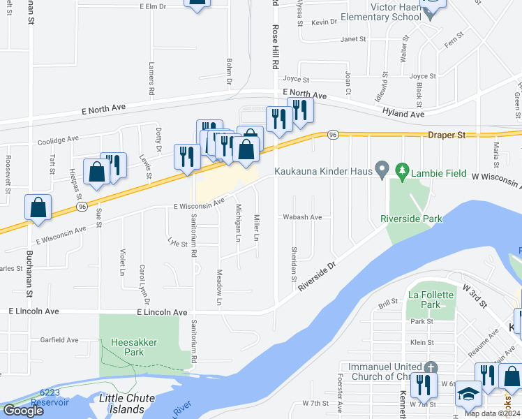 map of restaurants, bars, coffee shops, grocery stores, and more near 1002 Miller Lane in Kaukauna