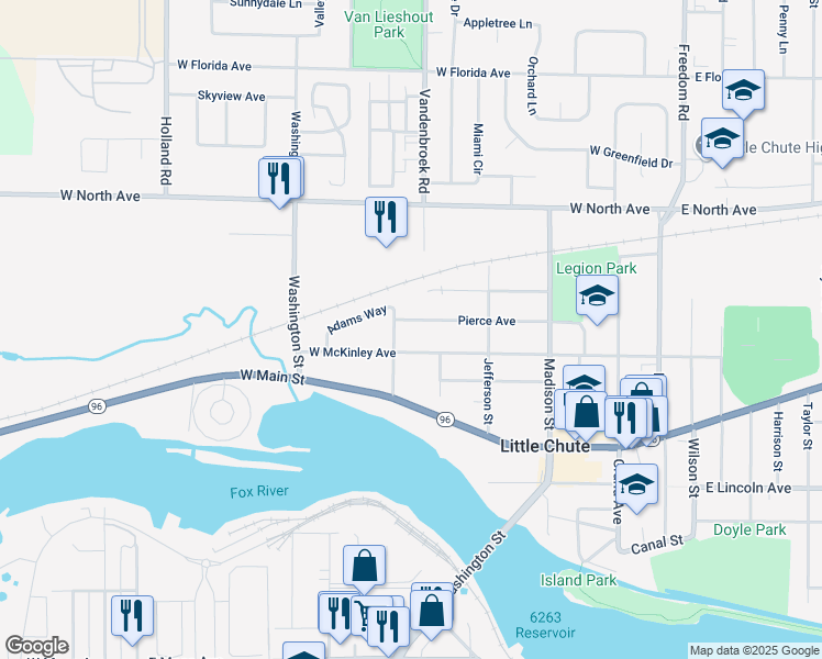 map of restaurants, bars, coffee shops, grocery stores, and more near 700 West McKinley Avenue in Little Chute