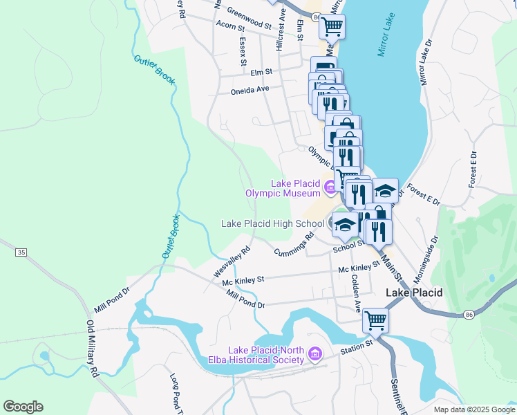 map of restaurants, bars, coffee shops, grocery stores, and more near 120 Wesvalley Road in Lake Placid