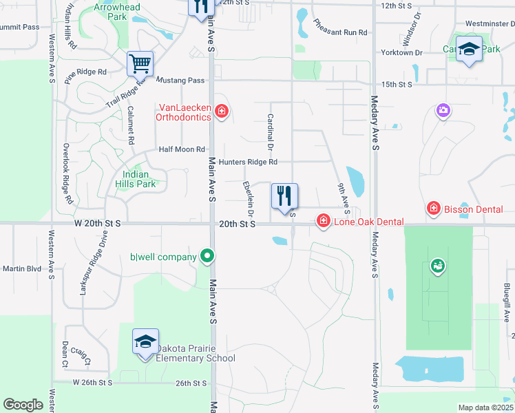 map of restaurants, bars, coffee shops, grocery stores, and more near 1903-1999 Eberlein Drive in Brookings