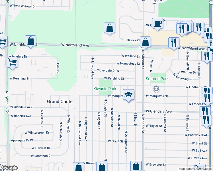 map of restaurants, bars, coffee shops, grocery stores, and more near 2315 North Nicholas Street in Appleton