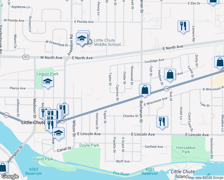 map of restaurants, bars, coffee shops, grocery stores, and more near 1000 Taylor Street in Little Chute