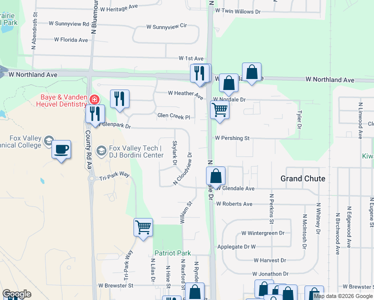map of restaurants, bars, coffee shops, grocery stores, and more near 2242 Skylark Drive in Appleton
