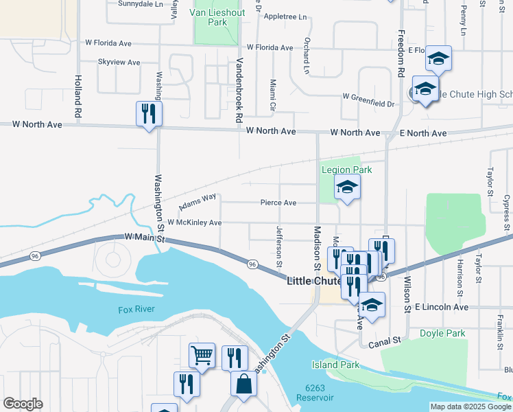 map of restaurants, bars, coffee shops, grocery stores, and more near 522 West McKinley Avenue in Little Chute