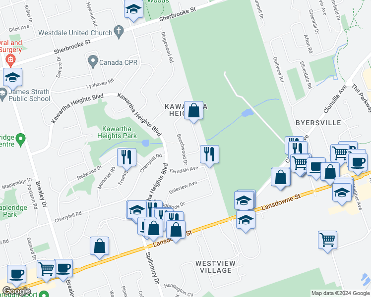 map of restaurants, bars, coffee shops, grocery stores, and more near 1 Larchwood Avenue in Peterborough