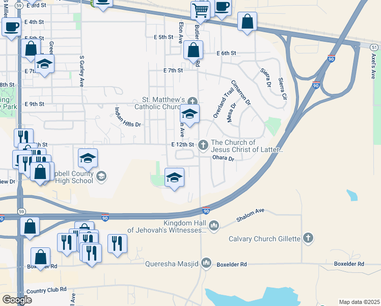 map of restaurants, bars, coffee shops, grocery stores, and more near 1401 Apple Blossom Way in Gillette