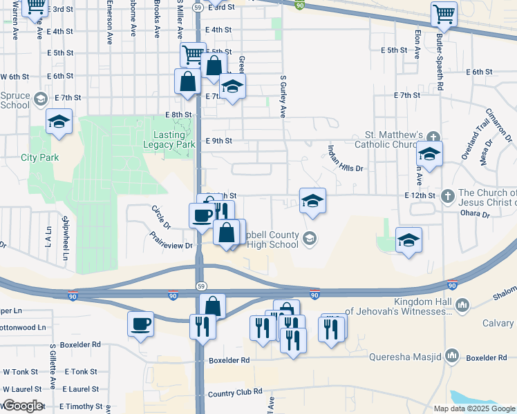 map of restaurants, bars, coffee shops, grocery stores, and more near 900 East 12th Street in Gillette