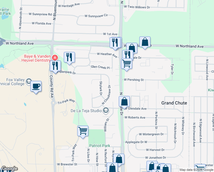 map of restaurants, bars, coffee shops, grocery stores, and more near 2242 Skylark Drive in Appleton