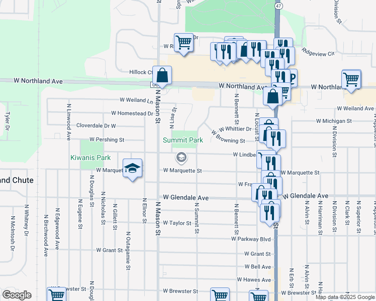 map of restaurants, bars, coffee shops, grocery stores, and more near 1110 W Lindbergh St in Appleton