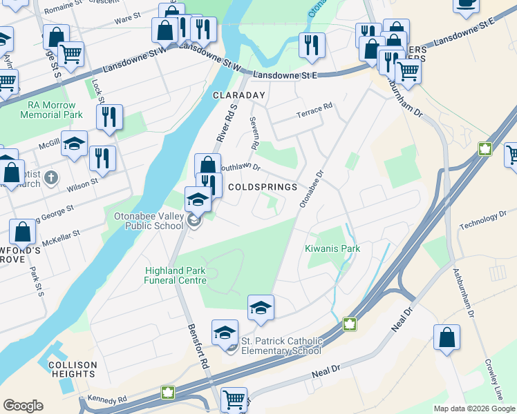 map of restaurants, bars, coffee shops, grocery stores, and more near 60 Rideau Crescent in Peterborough