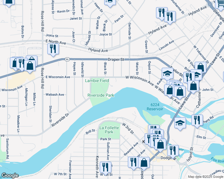 map of restaurants, bars, coffee shops, grocery stores, and more near 104 River Street in Kaukauna