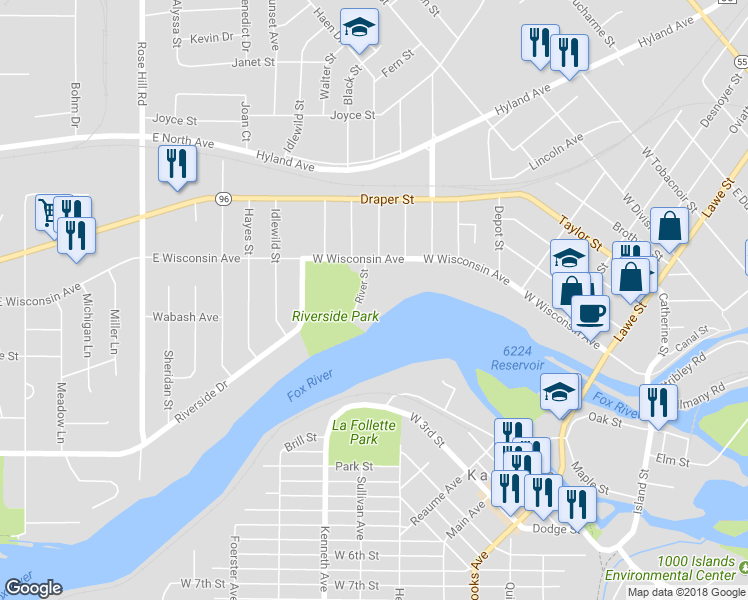 map of restaurants, bars, coffee shops, grocery stores, and more near 104 River Street in Kaukauna
