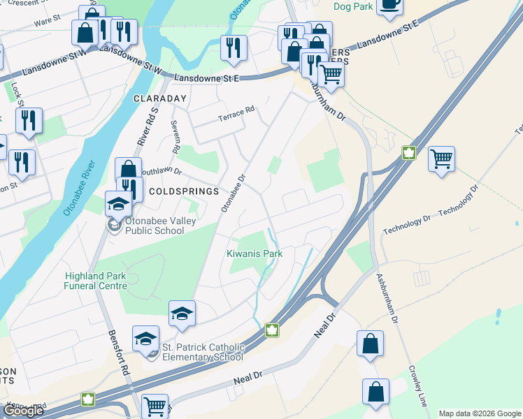 map of restaurants, bars, coffee shops, grocery stores, and more near 334 Middlefield Road in Peterborough