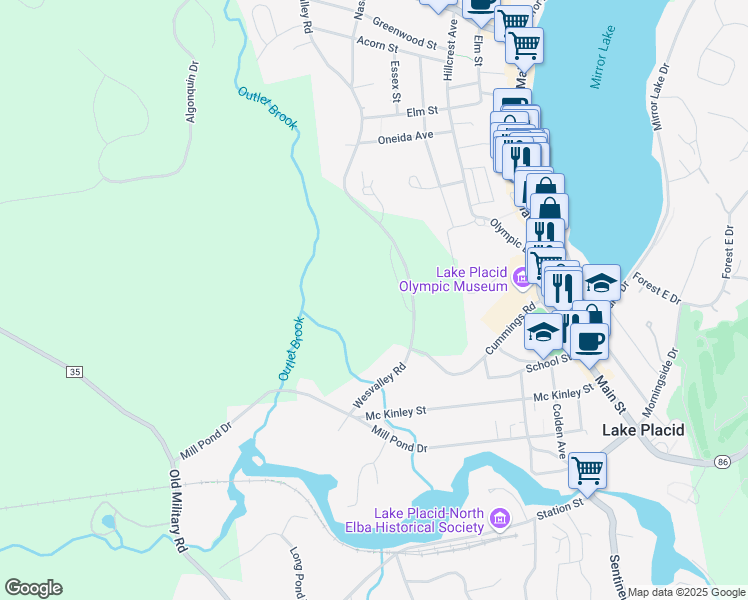 map of restaurants, bars, coffee shops, grocery stores, and more near 129 Wesvalley Road in Lake Placid