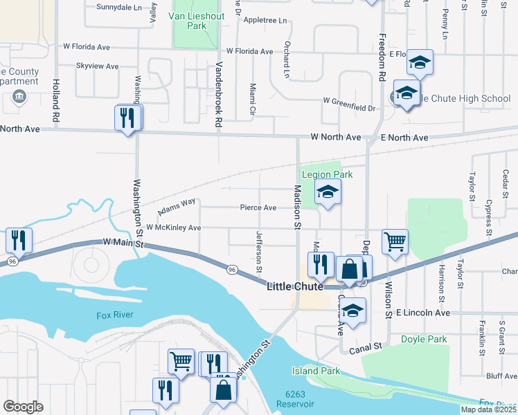 map of restaurants, bars, coffee shops, grocery stores, and more near 1001 Jefferson Street in Little Chute