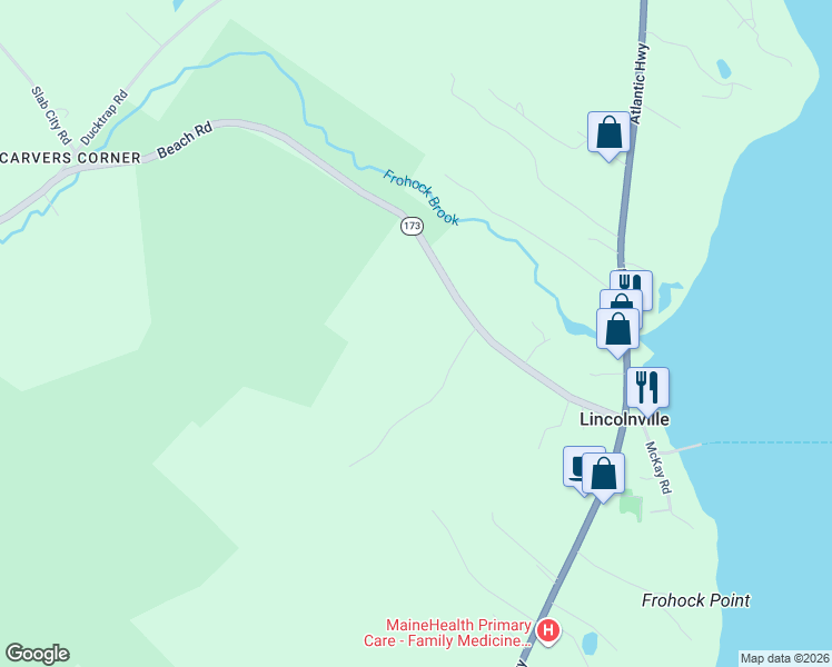 map of restaurants, bars, coffee shops, grocery stores, and more near 60 Beach Road in Lincolnville