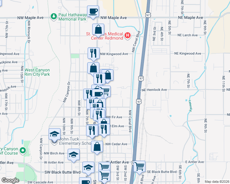 map of restaurants, bars, coffee shops, grocery stores, and more near 331 Northwest Hemlock Court in Redmond